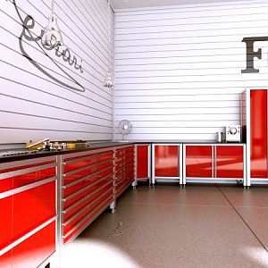 Naples, Florida - Professional Series cabinets, custom silk-screened slatwalls, lighting, Garazzo flooring and carriage doors provided by Vault (www.s