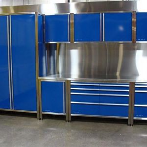 Indianapolis, Indiana - Our showroom showing the Professional Series cabinet line in Azur Blue color.