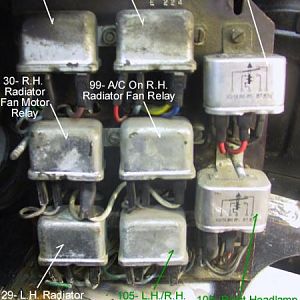The front side of the C/4 relay board with relays identified. Located behind the right carburettor bank.